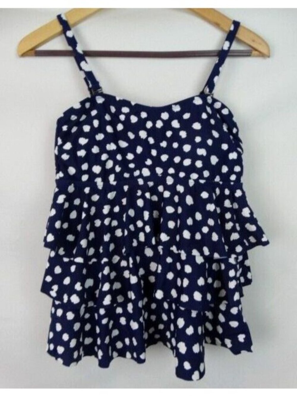 Island Escape Women's Tankini Top Size 8 Blue Polka Dot Ruffles Swim Swimsuit